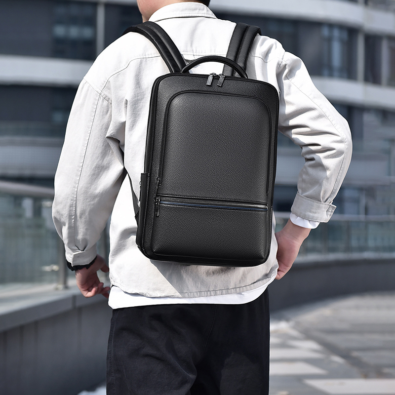Leather Work Laptop Bag - 남성용 PU 가죽 배낭, USB 충전,